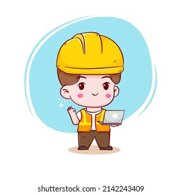 Ingeniero Cuto trabajando en el concepto de trabajo de construcción de laptops personaje de caricatura dibujado a mano