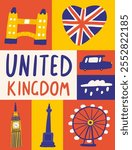 Cute Cute England, English, Great Britain, United Kingdom composition, banner with funny doodle Big Ben, Trafalgar square, tower, flag, car, taxi, cab, rain, Ferris wheel . British objects background