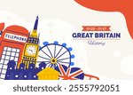 Cute England, English, Great Britain, United Kingdom composition, banner with funny hand drawn doodle Big Ben, Ferris wheel, flag, the Tower, red telephone booth, box, museum. British background