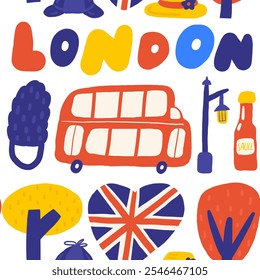 Cute England, English, Great Britain, United Kingdom seamless pattern. Funny hand drawn doodle repeatable pattern with red bus, tree, hat, street lamp, national country flag. British theme background