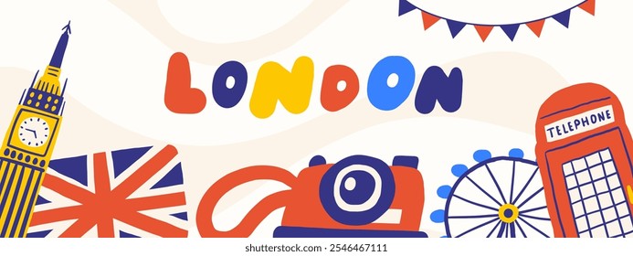 Linda Inglaterra, Inglés, Gran Bretaña, Reino Unido composición, Anuncio con divertido dibujado a mano doodle Big Ben, bandera, cámara de fotos, noria, cabina telefónica. Fondo de objetos británicos