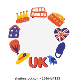 Nettes England, Englisch, Großbritannien, Großbritannien Thema Komposition, Banner, Kranz mit lustigen handgezeichneten Doodle Red Bus, Flagge, Krone, Haus, UK, Hut, Vogel, Baum. Britische Objekte, Hintergrund