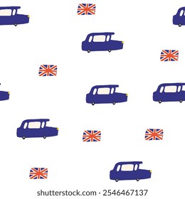 Cute England, English, Great Britain, United Kingdom seamless pattern. Funny hand drawn doodle repeatable pattern with taxi, cab, car, city transport, national country flag. British theme background