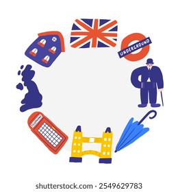 Bonito Inglaterra, Inglês, Grã-Bretanha, Reino Unido composição tema, banner, coroa com doodle telefone box, Charlie Chaplin, bandeira, a Torre, guarda-chuva, mapa, Londres. Plano de fundo de objetos britânicos