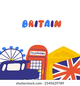 Linda Inglaterra, Inglés, Gran Bretaña, Reino Unido theme composition, Anuncio con divertido dibujado a mano doodle taxi, coche, taxi, bandera, caja de teléfono, museo, noria. Fondo de objetos británicos