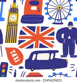 Linda Inglaterra, Inglés, Gran Bretaña, Reino Unido patrón sin fisuras. Divertido doodle patrón repetible con bandera, Big Ben, caja de correos, correo, taxi, taxi, coche, Charlie Chaplin. Fondo de tema británico