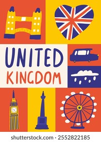 Linda Inglaterra, Inglés, Gran Bretaña, Reino Unido composición, Anuncio con divertido doodle Big Ben, Trafalgar Square, torre, bandera, coche, taxi, taxi, lluvia, noria . Fondo de objetos británicos