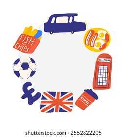 Linda Inglaterra, Inglés, Gran Bretaña, Reino Unido theme composition, Anuncio, guirnalda con divertido doodle taxi, taxi, bandera, pescado y patatas fritas, fútbol, café, caja de teléfono, libra. Antecedentes británicos