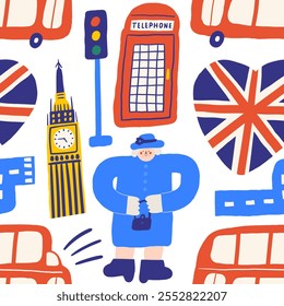 Cute England, English, Great Britain, United Kingdom seamless pattern. Funny hand drawn doodle repeatable pattern with queen, Big Ben, red bus, flag, telephone box, road. British theme background