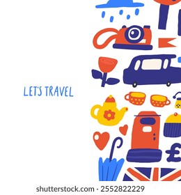 Cute England, English, Great Britain, United Kingdom theme composition, banner with funny hand drawn doodle cab, photo camera, rose, umbrella, cup, mail box, cupcake. British objects background