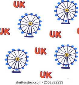 Cute England, Englisch, Großbritannien, Großbritannien nahtloses Muster. Lustige handgezeichnete doodle wiederholbare Muster mit Riesenrad, Sightseeing. Britischer Themenhintergrund