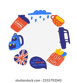 Cute England, English, Great Britain, United Kingdom theme composition, banner, wreath with funny hand drawn doodle rain cloud, taxi, cab, flag, fish and chips, coffee, backpack, car. British objects 