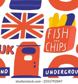 Cute England, English, Great Britain, United Kingdom seamless pattern. Funny hand drawn doodle repeatable pattern with flag, mail letter box, fish and chips, underground, subway sign . British theme b