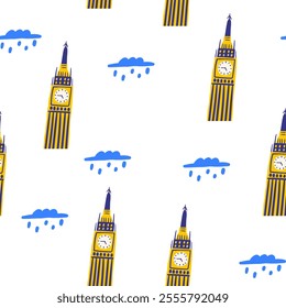 Cute England, English, Great Britain, United Kingdom seamless pattern. Funny hand drawn doodle repeatable pattern with Big Ben tower, architecture, building, sightseeing, clock. British theme backgrou