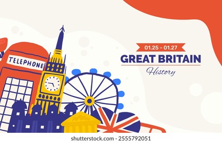 Cute England, English, Great Britain, United Kingdom composition, banner with funny hand drawn doodle Big Ben, Ferris wheel, flag, the Tower, red telephone booth, box, museum. British background