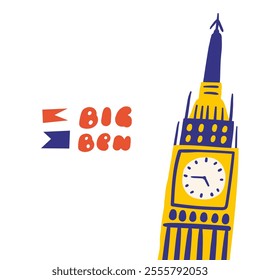 Cute England, English, Great Britain, United Kingdom theme composition, banner with funny hand drawn doodle Big Ben tower, architecture, building, sightseeing, clock. British objects background