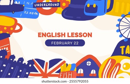 Cute England, English, Great Britain, United Kingdom composition, banner with funny hand drawn doodle backpack, flag, Tower, cup, mail box, food, meal, taxi, museum. British objects background