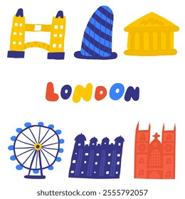 Cute England, English, Great Britain, United Kingdom theme composition, banner with doodle sightseeing set, The Tower bridge, Tower castle, Westminster abbey, museum, Ferris wheel. British background