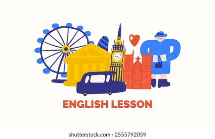 Cute England, English, Great Britain, United Kingdom composition, banner with doodle London museum, Ferris wheel, queen Elizabeth, Westminster abbey, taxi, cab, Big Ben. British objects background