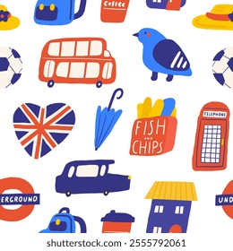 Cute England, English, Great Britain, United Kingdom seamless pattern. Hand drawn doodle repeatable pattern with red bus, pigeon, heart shape flag, taxi cab, house, telephone booth. British background