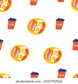 Cute England, English, Great Britain, United Kingdom seamless pattern. Funny hand drawn doodle repeatable pattern with coffee, breakfast, fried eggs, bacon, food, meal, sausages. British background