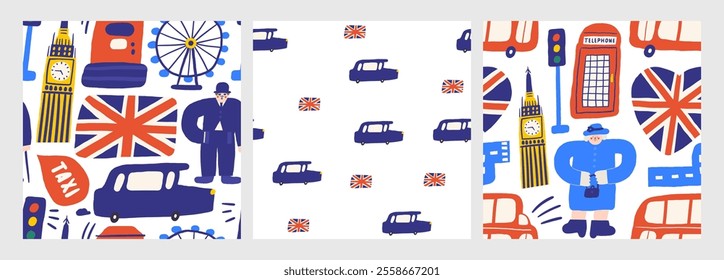 Cute England, English, Great Britain, United Kingdom seamless pattern. Funny hand drawn doodle repeatable pattern with queen, Big Ben, red bus, flag, telephone box, road. British theme background