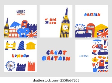 Cute England, English, Great Britain, United Kingdom theme composition, banner with funny hand drawn doodle queen, Big Ben, umbrella, red bus, the Tower London, flag. British objects background