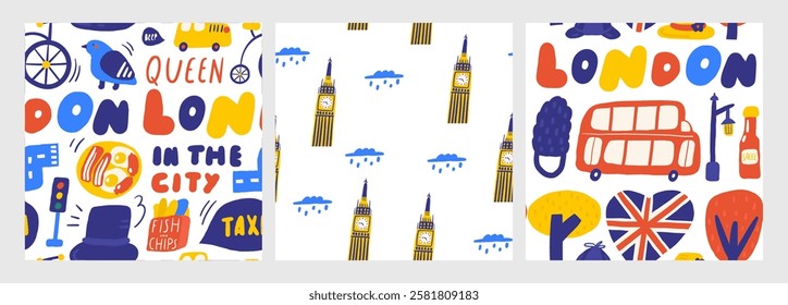 Cute England, English, Great Britain, United Kingdom seamless pattern. Funny hand drawn doodle repeatable pattern with pigeon, food, taxi, hat, traffic light, London, road. British theme background