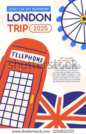 Cute Cute England, English, Great Britain, United Kingdom composition, banner with funny hand drawn doodle telephone booth, box, national country flag, Ferris wheel, sightseeing. British background
