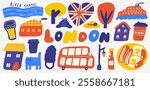 Cute England, english, UK, United Kingdom objects, composition with hand drawn doodle London, tree, bus, street lamp, heart shape flag, hat, cap, transport, ketchup. Tourist, travel, education signs