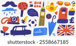 Cute England, english, UK, United Kingdom objects, composition with hand drawn doodle mail box, umbrella, flag, cupcake, tea, cup, pot, button, pound, Big Ben. Tourist, travel, education signs