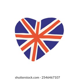 Cute England, english, UK, United Kingdom objects, composition with hand drawn doodle country national heart shape flag.Tourist, travel, education signs