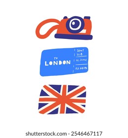 Linda Inglaterra, Inglés, Reino Unido, Reino Unido objetos, composición con dibujado a mano doodle bandera nacional del país, billete de avión a Londres, cámara de fotos. Señales de turismo, viajes, educación