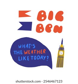 Bonito Inglaterra, Inglês, Reino Unido, Reino Unido objetos, composição com mão desenhada doodle Big Ben edifício, letras, bandeiras, bolha de diálogo, weather.Tourist, viagem, sinais de educação