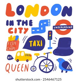 Bonito Inglaterra, Inglês, Reino Unido, Reino Unido objetos, composição com mão desenhada doodle Big Ben, peixe e chips, estrada, táxi, bicicleta, metrô, carro, rainha, semáforo. Sinais de turismo, viagens, educação