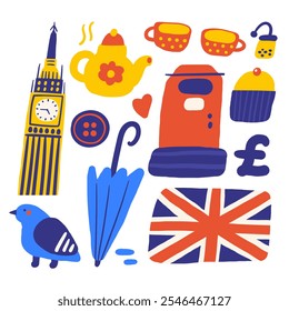 Linda Inglaterra, Inglés, Reino Unido, Reino Unido objetos, composición con dibujado a mano doodle caja de correo, paraguas, bandera, cupcake, té, taza, olla, Botón, libra, paloma, Big Ben. Señales de turismo, viajes, educación