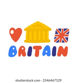 Cute England, english, UK, United Kingdom objects, composition with hand drawn doodle London museum building, heart, country national square flag. Tourist, travel, education signs