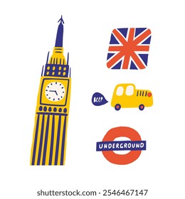 Bonito Inglaterra, Inglês, Reino Unido, Reino Unido objetos, composição com mão desenhada doodle Big Ben edifício, bandeira nacional do país, táxi, carro, subterrâneo. Sinais de turismo, viagens, educação