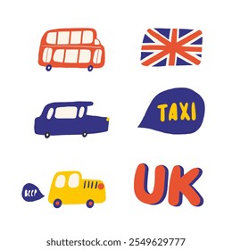 Linda Inglaterra, Inglés, Reino Unido, Reino Unido objetos, composición con dibujado a mano doodle autobús, taxi, taxi, transporte, transporte, burbuja de diálogo. Señales de turismo, viajes, educación