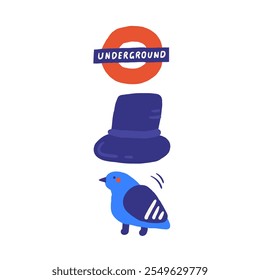 Bonito Inglaterra, Inglês, Reino Unido, Reino Unido objetos, composição com mão desenhado doodle metrô, sinal subterrâneo, chapéu, cap, pássaro, pombo. Sinais de turismo, viagens, educação