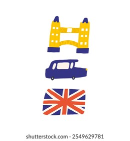 Linda Inglaterra, Inglés, Reino Unido, Reino Unido objetos, composición con dibujado a mano doodle Torre, taxi, taxi, coche, transporte, bandera nacional. Señales de turismo, viajes, educación