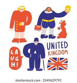 Cute England, english, UK, United Kingdom objects, composition with hand drawn doodle characters Charlie Chaplin, princess Diana, Shakespeare, flag, map. Tourist, travel, education signs