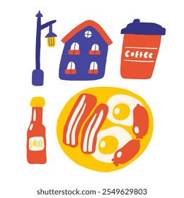 Cute England, english, UK, United Kingdom objects, composition with hand drawn doodle street lamp, coffee cup, house, food, fried eggs, bacon, sausages, breakfast. Tourist, travel, education signs