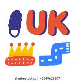 Linda Inglaterra, Inglés, Reino Unido, Reino Unido objetos, composición con dibujado a mano doodle corona, carretera, sombrero, gorra. Señales de turismo, viajes, educación