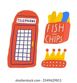 Linda Inglaterra, Inglés, Reino Unido, Reino Unido objetos, composición con mano dibujado doodle cabina telefónica, pescado, patatas fritas, comida rápida, corona, plato, comida. Señales de turismo, viajes, educación