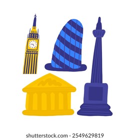 Bonito Inglaterra, Inglês, Reino Unido, Reino Unido objetos, composição com desenho à mão doodle Big Ben, museu, Trafalgar quadrado, edifícios, arquitetura, passeios. Sinais de turismo, viagens, educação