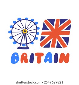 Niedliche englische, englische, britische, britische Objekte, Komposition mit handgezeichnetem Doodle Riesenrad, Nationalflagge, Schrifttext. Touristische, Reise-, Bildungs-Zeichen