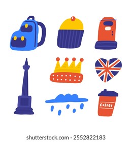 Linda Inglaterra, Inglés, Reino Unido, Reino Unido objetos, composición con mano dibujado doodle cupcake, bandera, caja de correo, corona, Trafalgar cuadrado, nube de lluvia, mochila, café. Señales de turismo, viajes, educación