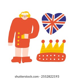 Cute England, english, UK, United Kingdom objects, composition with hand drawn doodle princess Diana character, royal family member, crown, flag. Tourist, travel, education signs