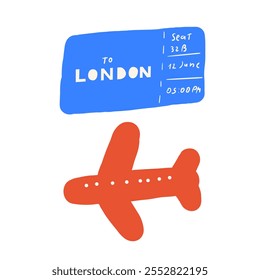 Linda Inglaterra, Inglés, Reino Unido, Reino Unido objetos, composición con dibujado a mano doodle avión, billete, Londres, viaje, viaje, vuelo. Turista, señales de viaje